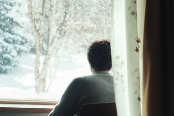 Man looking out a window at snowy landscape