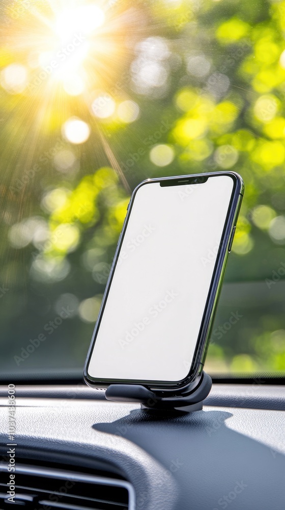 Aufkleber sunlit smartphone on a car dashboard with vibrant bokeh effect and greenery in the background