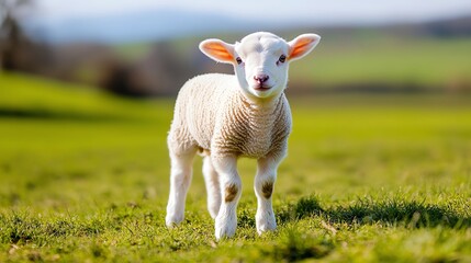 Obraz premium A cute lamb stands on green grass, surrounded by a serene landscape with soft hills in the background, embodying the essence of spring and nature.