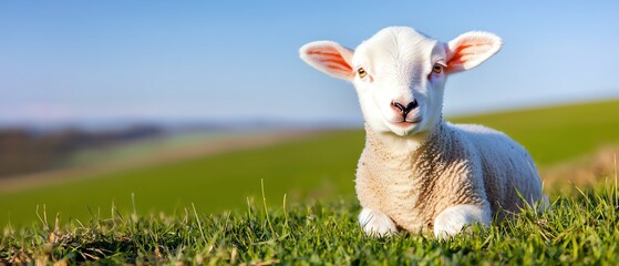 Obraz premium A charming lamb rests on lush green grass under a clear blue sky, embodying the tranquility of rural life.