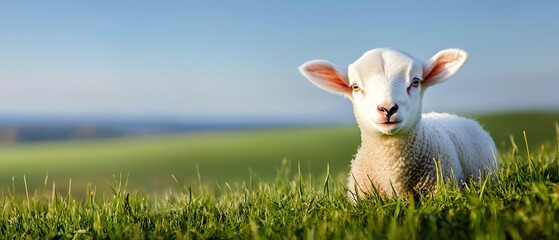 Fototapeta premium A cute lamb rests on a lush, green hillside, enjoying a serene day under a clear blue sky.