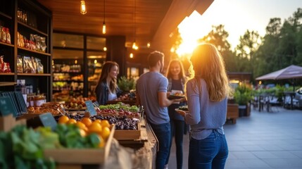 People Enjoying Fresh Produce at Sunset Market