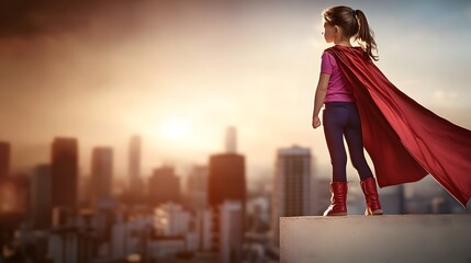Fototapeta premium Young girl wearing a red cape standing on a rooftop, overlooking a city at sunset, empowerment