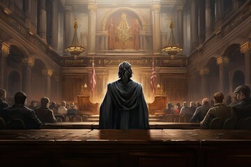 A cloaked figure stands at the front of a grand courtroom surrounded by attentive spectators as an intense legal discussion takes place under ornate decor