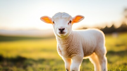 Fototapeta premium A cute lamb stands in a lush green field, bathed in soft sunlight, embodying the innocence and charm of pastoral life.
