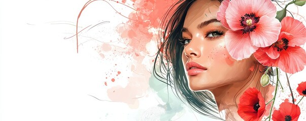 Fototapeta premium Elegant banner background for a beauty and spa website featuring a woman adorned with pink and red flowers, embodying elegance and floral charm.
