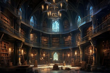 Obraz premium This law library features towering bookshelves filled with legal texts illuminated by elegant lighting and natural light streaming through large windows