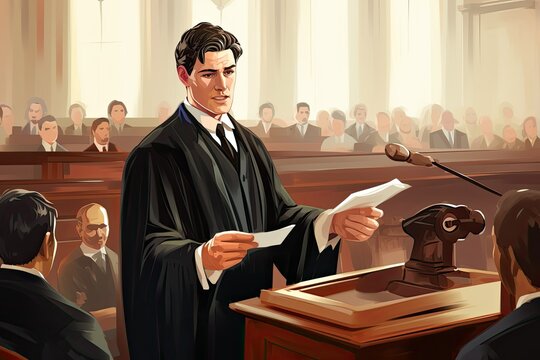 In a courtroom setting a lawyer stands confidently at the podium presenting a compelling speech to an engaged audience highlighting the importance of justice