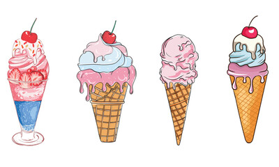 Ice cream set design. Sweet club. Ice cream watercolor vector art, Enjoy summer with sweet. Fresh ice cream graphic print design for t shirt, apparel, posters, background and others.
