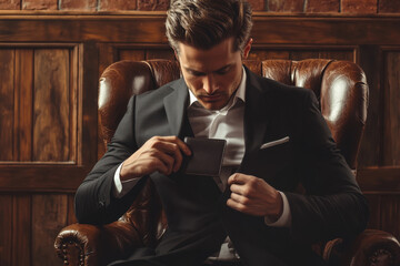 Businessman in stylish suit sitting in leather armchair adjusting pocket square in cozy office