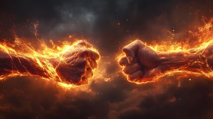 Two fiery fists colliding in an explosion of flames, conflict, power, and intense competition