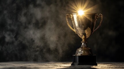 Golden trophy illuminated by warm light on a dark background, symbolizing victory, achievement