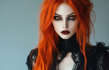Obraz premium Beautiful woman with long red hair in elegant gothic attire and lace choker