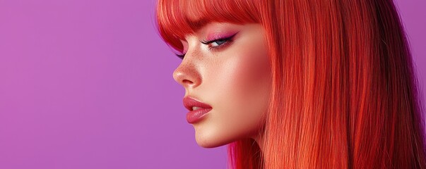 Close-up portrait of a beautiful woman with long straight red hair and striking blue eyes against a purple background