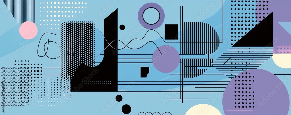 Poster abstract blue background with geometric shapes and lines in a modern design with circles and squares