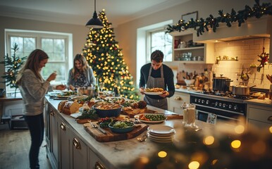 Family gathered in a modern kitchen preparing a festive meal with Christmas decorations and a cozy atmosphere