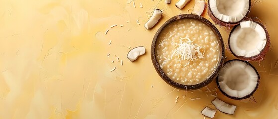 A close-up and top view of a bowl of coconut sago dessert soup with coconut slices surrounding it against a yellow background and space for text, Generative AI.