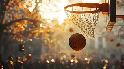 Basketball approaching hoop in action-packed game with blurred crowd in the background