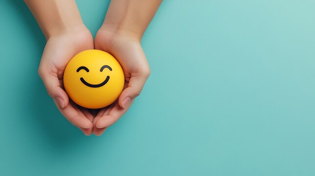 Tender hands holding a round smiley, mood face, symbolizing joy and peace, on a soft blue background, with space for text.