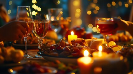 Thanksgiving laughter and toasts shared by a family, the table filled with colorful, delicious food.