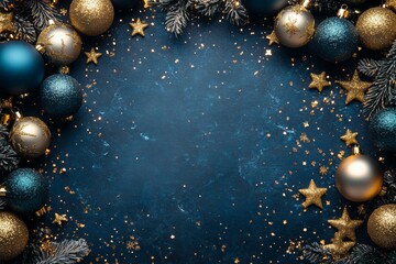 Stylish Blue Christmas background with gold stars, balls, confetti. Elegant Christmas greeting card