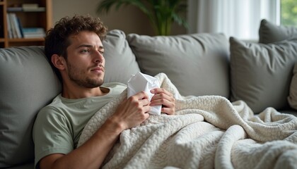 Man resting on a couch with tissues and a blanket – ideal for health blogs, articles on flu recovery, or self-care during cold and flu season.

