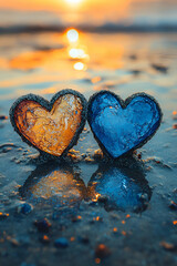 Fototapeta premium Two heart-shaped stones, one orange and one blue, resting on a reflective surface by the beach during sunset.