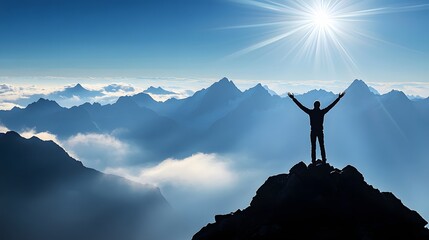 Silhouette of a person celebrating on a mountain peak at sunrise, symbolizing achievement, freedom