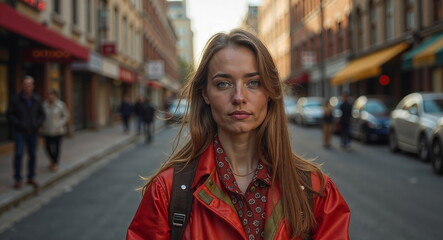 Fototapeta premium Serious woman standing in the middle of a city street – great for blogs or articles about urban life, personal journeys, or social commentary on modern living and individuality.