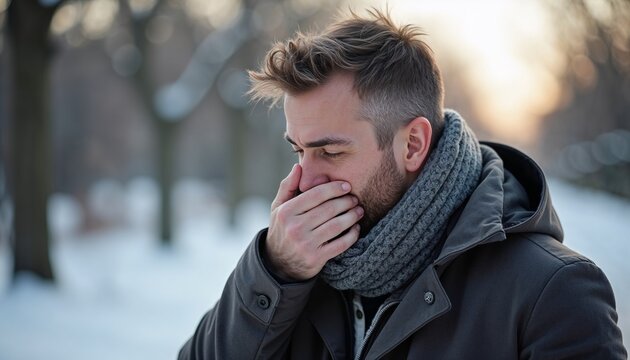 Man covering his mouth while coughing outdoors in winter – ideal for health articles, flu season awareness, or blogs focused on staying healthy during cold weather.

