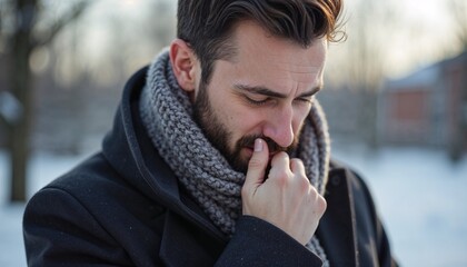 Pensive man outdoors in winter clothing – perfect for blog posts or ads focused on introspection, cold weather fashion, or seasonal emotional experiences.

