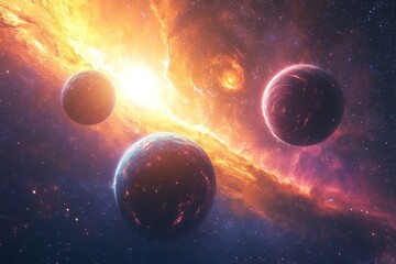 A stunning cosmic scene shows bright stars and colorful planets in the universe. This vibrant artwork inspires wonder and curiosity about space and exploration. Generative AI