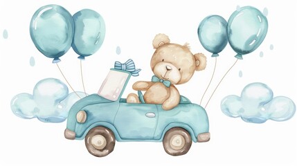 Cute teddy bear driving a car with blue balloons