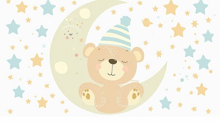 a cute cartoon baby bear with a blue striped nightcap sitting on the moon against