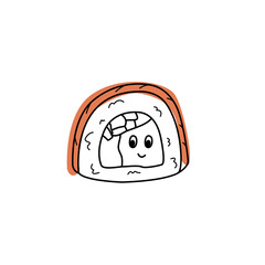 Cute smiling sushi roll character doodle style, vector illustration isolated on white background. Decorative design element, Japanese food, tasty dish, funny face