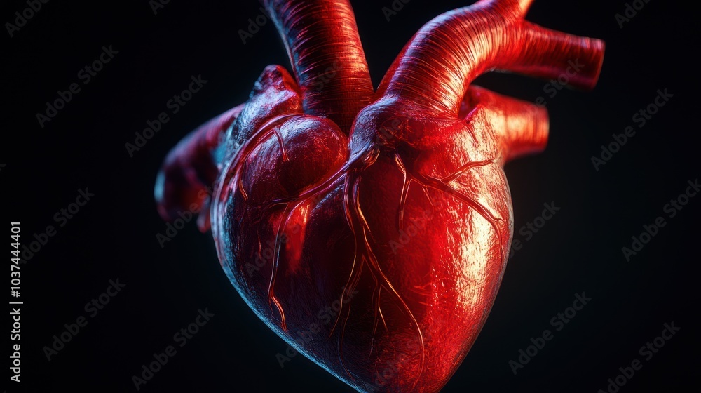 Poster a detailed, realistic rendering of a human heart emphasizing its anatomical features.