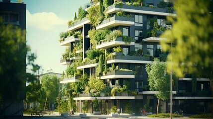 A photo of a modern eco-friendly apartment building