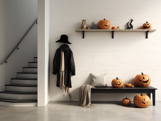 Scandinavian scandi modern minimalist cozy hallway interior with fall and halloween decor. Halloween and fall style entryway.
