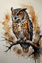 A beautiful watercolor painting of a bird perched on a branch, surrounded by expressive splashes of color. The detailed textures and warm hues capture the delicate essence of this bird