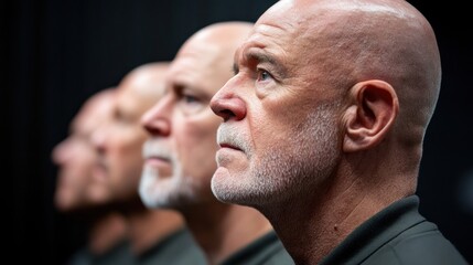 Obraz premium A lineup of bald men stands solemnly in profile, showcasing their serious expressions as they focus intently on a speaker during a motivational event held in a darkened auditorium