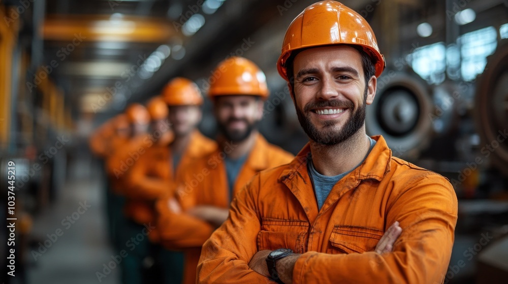 Poster team of workers assembling complex machinery in a factory, illustrating teamwork and precision in in