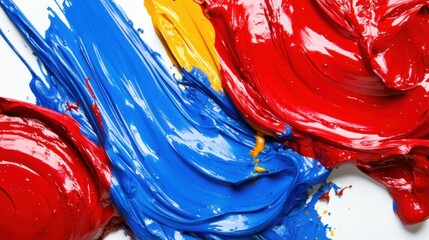Red, blue, and yellow paint blend together in dynamic swirls, creating an energetic display on a smooth white surface, highlighting the beauty of color mixing