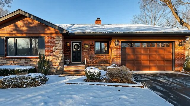 This cozy brick house set in a quiet neighborhood, featuring a snow-covered yard and clear blue skies.