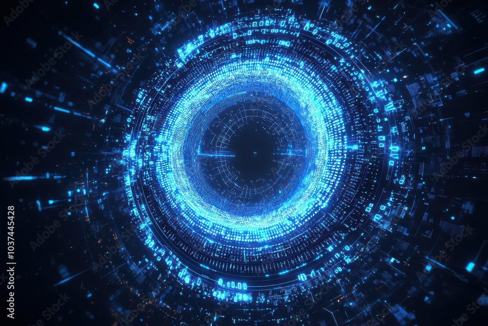 Poster futuristic digital eye with intricate binary code and glowing blue light, representing advanced tech