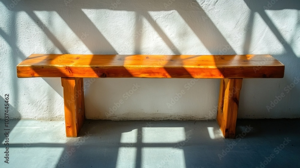 Aufkleber the warm wooden bench rests against a white wall, illuminated by sunlight. shadows from the window c