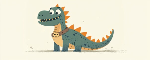 Adorable orange dinosaur with collar in playful vector art style on textured blue background