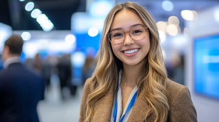 Smiling Professional Woman at Business Conference, Networking Event, Corporate Seminar, Career Development, Businesswoman at Trade Show, Leadership Event, Modern Workplace Culture, Professional Succes