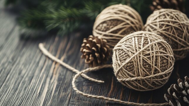 Natural twine balls sit alongside pine cones, arranged on a rustic wooden surface, creating a warm, earthy aesthetic perfect for holiday decorations or crafting inspiration