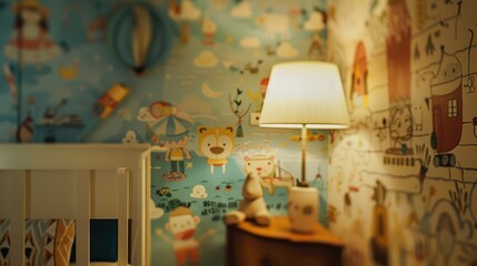 a comfortable crib room with cute wallpaper and several dolls with night lights