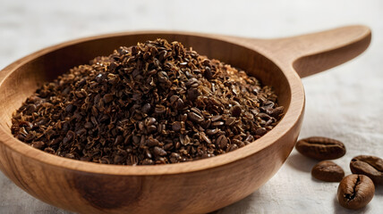 Ground Coffee Beans in Wooden Bowl: A close-up shot of freshly ground coffee beans in a wooden bowl, with a few whole beans scattered nearby.  Aromatic, rich, and ready to brew the perfect cup. 